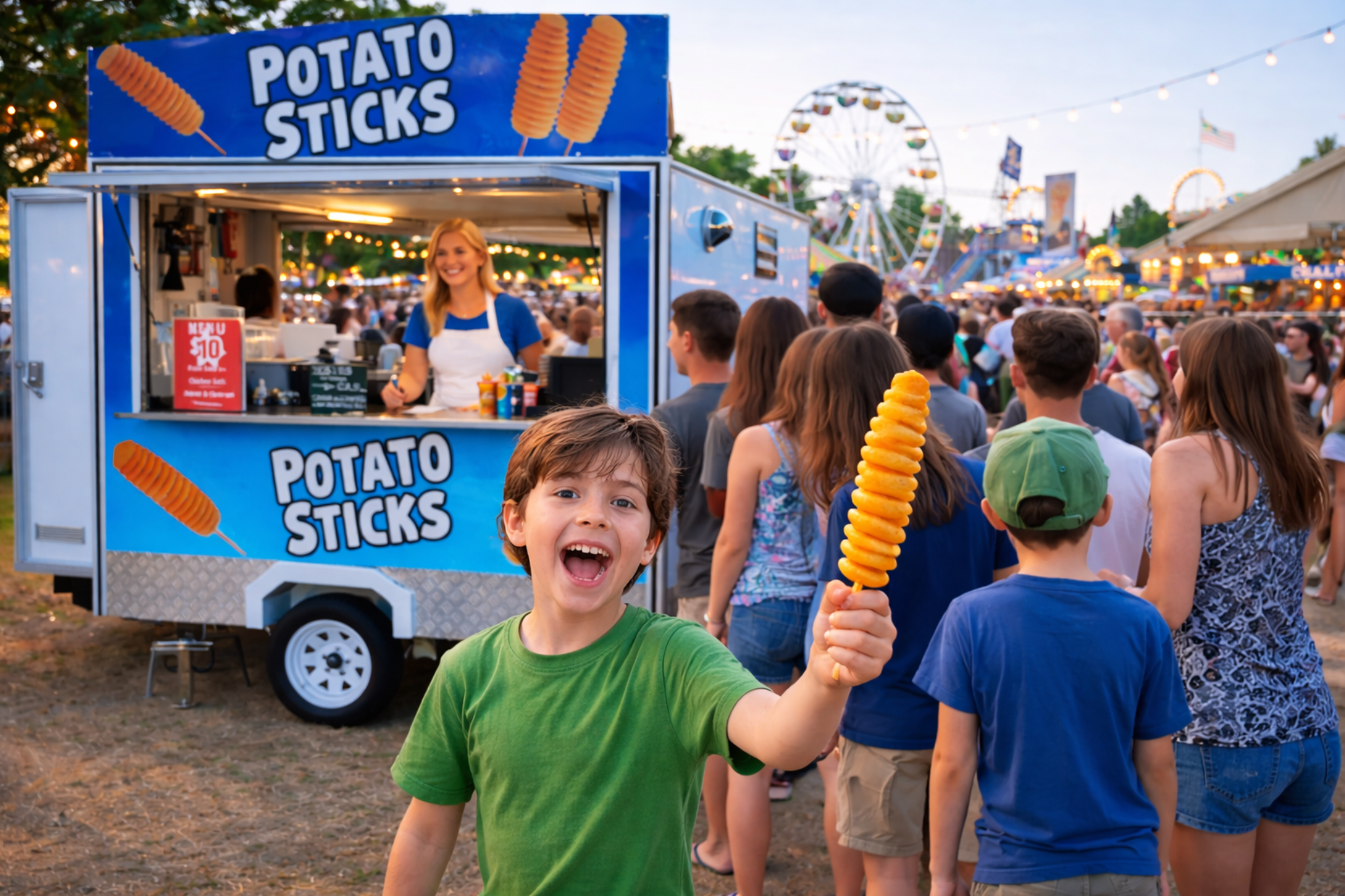 Happy customer with Potato Sticks at a busy fair